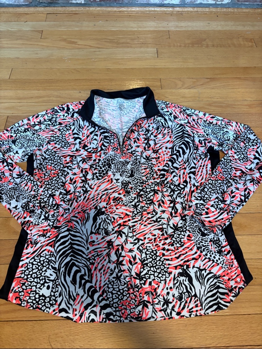 Tail White Label Animal Print Quarter-Zip Pullover in Coral, Black & White